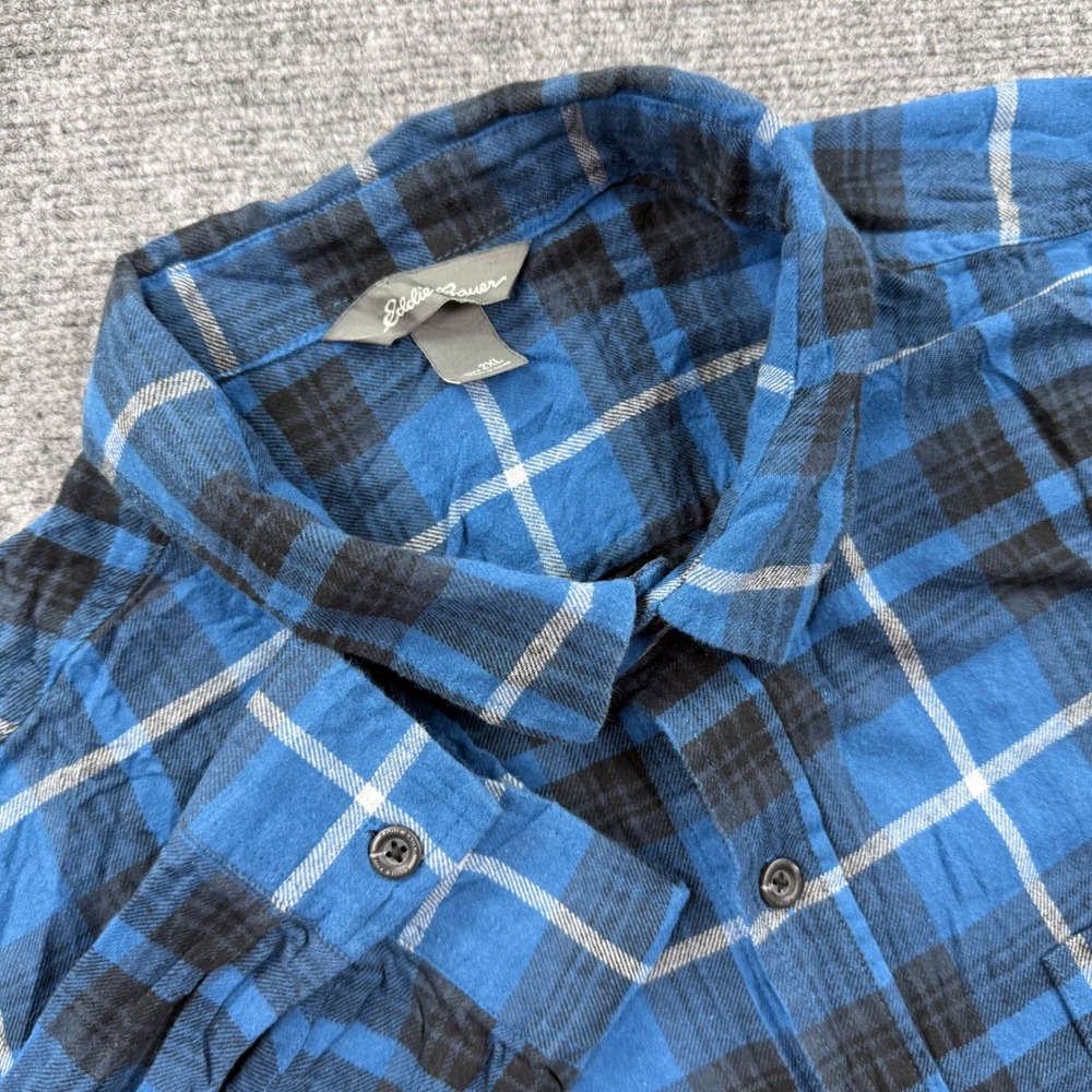Eddie Bauer Flannel Shirt 2XL Blue Plaid Long Sleeve Button Up Men's